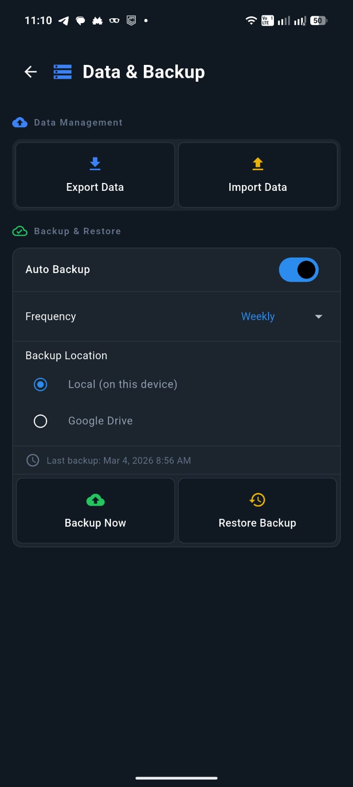 WashDrobe backup settings showing Google Drive and auto backup options