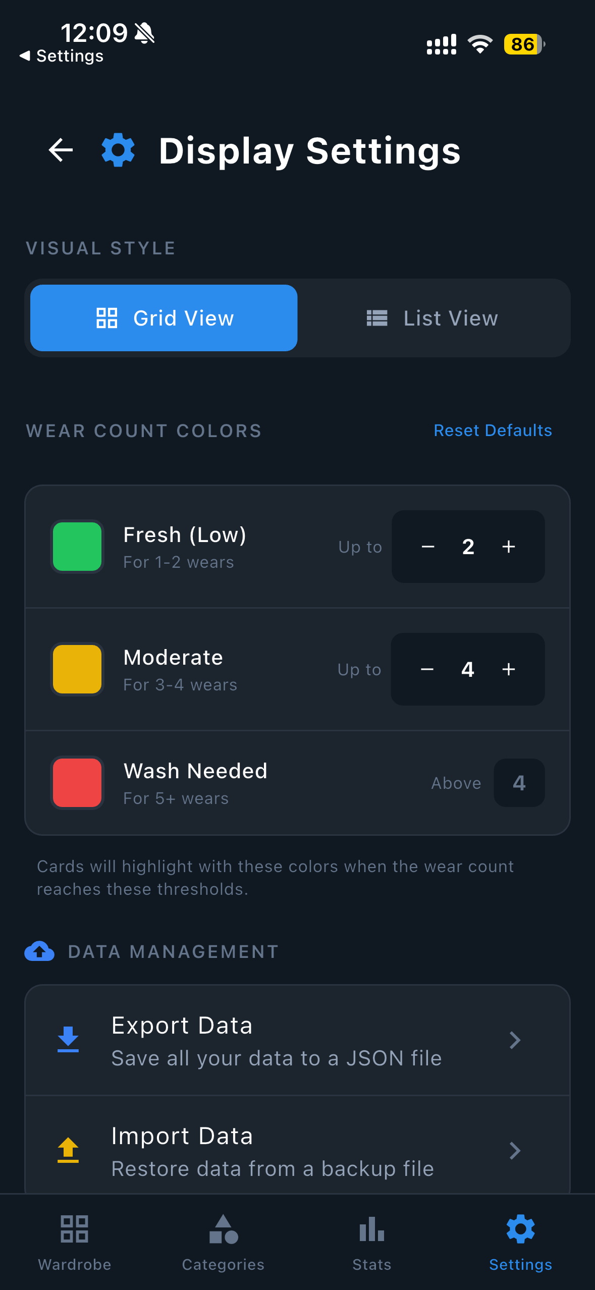 WashDrobe display settings showing customization options
